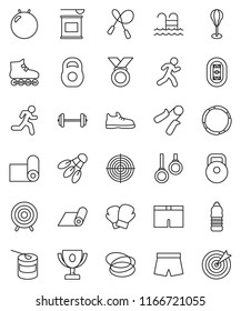 thin line vector icon set - award cup vector, barbell, weight, jump rope, hand trainer, punching bag, fit ball, boxing glove, shorts, roller Skates, target, medal, sports nutrition, pool