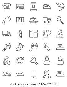 thin line vector icon set - scraper vector, vacuum cleaner, car fetlock, window cleaning, iron, steaming, agent, shining, woman, dollar cursor, phone 24, support, delivery, cargo search, mobile