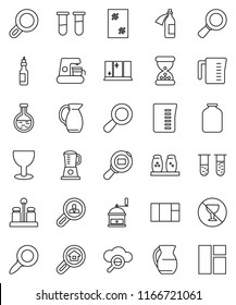 thin line vector icon set - window cleaning vector, shining, measuring cup, hand mill, spices, jug, jar, oil, magnifier, no alcohol sign, glass, cargo search, flask, vial, sand clock, potion, cloud