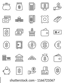 thin line vector icon set - school building vector, bank, dollar coin, gold ingot, credit card, wallet, money bag, piggy, investment, receipt, shield, safe, monitor, any currency, euro sign, reader
