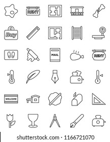 thin line vector icon set - splotch vector, welcome mat, washboard, rolling pin, thermometer, chicken leg, pen, corner ruler, drawing compass, glass, tulip, big scales, Railway carriage, broken bone