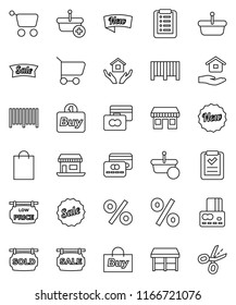 thin line vector icon set - house hold vector, credit card, office, sale signboard, sold, low price, new, shopping bag, percent, market, buy, barcode, basket, cart, list, coupon