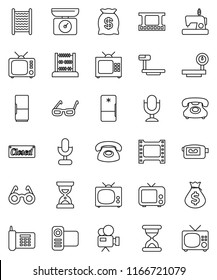 thin line vector icon set - washboard vector, glasses, abacus, money bag, sand clock, phone, big scales, film frame, tv, video camera, microphone, fridge, closed, kitchen, sewing machine