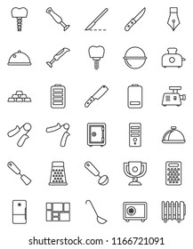 thin line vector icon set - camping cauldron vector, spatula, ladle, knife, grater, dish, pen, award cup, safe, gold ingot, hand trainer, consolidated cargo, battery, scalpel, tooth implant, fridge