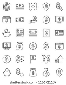 thin line vector icon set - exchange vector, money bag, piggy bank, investment, dollar growth, receipt, medal, flag, shield, calendar, monitor, cursor, any currency, yen sign, coin, cash