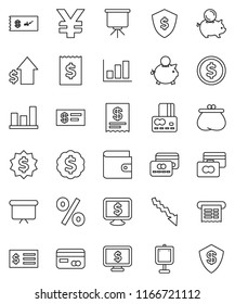 thin line vector icon set - presentation vector, dollar coin, graph, credit card, wallet, crisis, piggy bank, growth, receipt, board, medal, shield, monitor, yen sign, percent, check