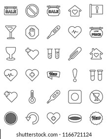 thin line vector icon set - sieve vector, heart pulse, prohibition sign, no alcohol, cross, attention, glass, rec button, thermometer, vial, undo, stop, sale signboard, low price, love home, new