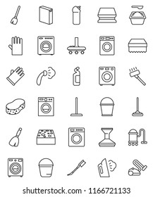 thin line vector icon set - broom vector, vacuum cleaner, mop, bucket, sponge, car fetlock, steaming, washer, washing powder, cleaning agent, rubber glove