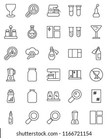 thin line vector icon set - window cleaning vector, shining,  spices, jar, oil, magnifier, no alcohol sign, glass, flask, vial, potion, cloud, client search, coffee maker, blender