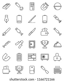 thin line vector icon set - camping cauldron vector, spatula, ladle, knife, toaster, blender, dish, pen, award cup, magnet, gold ingot, safe, hand trainer, consolidated cargo, battery, scalpel