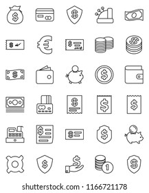 thin line vector icon set - dollar coin vector, credit card, wallet, cash, money bag, piggy bank, investment, stack, check, receipt, shield, any currency, euro sign, cashbox