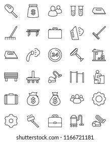 thin line vector icon set - scraper vector, vacuum cleaner, rake, iron, steaming, student, case, money bag, horizontal bar, group, vial, gear, bench, construction crane, 24 hour