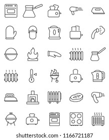 thin line vector icon set - steaming vector, camping cauldron, cook glove, turk coffee, toaster, oven, thermometer, bbq, steak, flammable, fireplace, heating, iron, hair dryer, kettle, heater