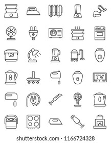 thin line vector icon set - vacuum cleaner vector, kettle, mixer, oven, blender, table lamp, tv, air condition, power plug, iron, multi cooker, epilator, fan, double boiler, heater, fireplace