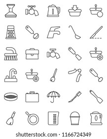thin line vector icon set - broom vector, water tap, fetlock, bucket, car, pan, kettle, measuring cup, whisk, spatula, ladle, grater, sieve, case, hand trainer, umbrella, scalpel, basket