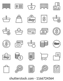 thin line vector icon set - dollar coin vector, credit card, stack, receipt, estate document, search, new, shopping bag, buy, barcode, reader, basket, cart, list