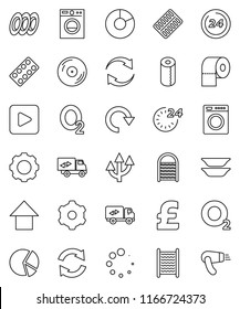 thin line vector icon set - washboard vector, toilet paper, plates, pie graph, arrow up, pound, oxygen, disk, play button, pills blister, gear, refresh, redo, loading, route, relocation truck