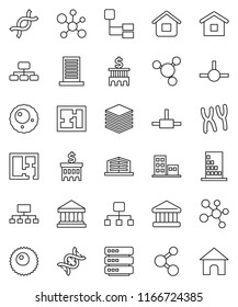 thin line vector icon set - molecule vector, bank, building, hierarchy, dna, chromosomes, ovule, connect, big data, plan, apartments, office, home