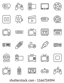 thin line vector icon set - cinema clap vector, film spool, tv, gamepad, video camera, remote control, pause button, stop, hdmi, web, projector