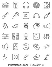thin line vector icon set - disk vector, music hit, microphone, speaker, loudspeaker, settings, headphones, pause button, forward, rec, rca, jack, equalizer
