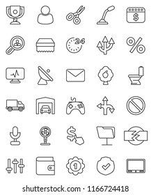 thin line vector icon set - sponge vector, toilet, award cup, scissors, wallet, dollar calendar, cursor, medal, prohibition sign, route, delivery, protected, satellite antenna, gamepad, settings, tv