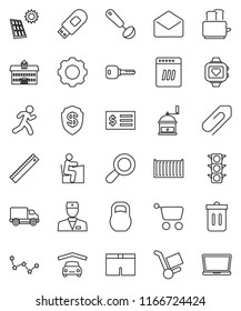 thin line vector icon set - trash bin vector, ladle, hand mill, toaster, university, ruler, student, constellation, receipt, shorts, heart monitor, run, traffic light, sea container, delivery, mail