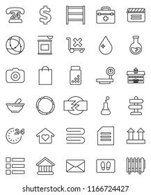 thin line vector icon set - towel vector, water drop, welcome mat, university, document, flask, dollar sign, pills vial, sports nutrition, hoop, signpost, phone 24, top, no trolley, big scales, mail