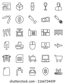 thin line vector icon set - washing powder vector, cook press, whisk, skimmer, cutting board, school bus, document, cart, cash, dollar medal, hand trainer, punching bag, heart monitor, plane, phone