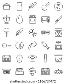 thin line vector icon set - sponge vector, trash bin, steaming, pan, scales, cook press, knife, microwave oven, blender, egg, pen, alarm clock, pie graph, tie, calendar, signpost, satellite, key
