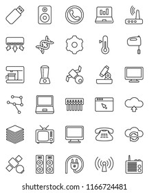 thin line vector icon set - mixer vector, thermometer, microscope, laptop graph, satellite, tv, monitor, notebook pc, classic phone, speaker, dna, network, cloud exchange, big data, browser, gear