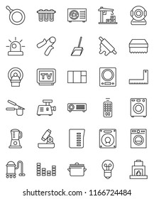 thin line vector icon set - vacuum cleaner vector, scoop, sponge, pan, measuring cup, cook press, rolling pin, corner ruler, microscope, hand trainer, equalizer, tv, remote control, tomography, bulb