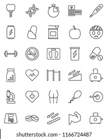 thin line vector icon set - toaster vector, diet, barbell, scales, stopwatch, horizontal bar, muscule hand, buttocks, pills, sports nutrition, energy drink, stairways run, no smoking, heart cross