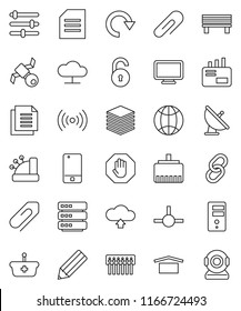 thin line vector icon set - pencil vector, document, satellite, dry cargo, antenna, mobile phone, link, connect, cloud network, big data, server, equalizer, hub, lan connector, bench, redo, upload