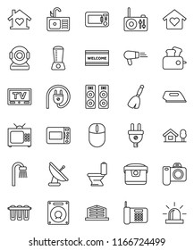 thin line vector icon set - broom vector, welcome mat, toilet, sink, tv, chalet, office building, bath, love home, power plug, iron, multi cooker, microwave oven, toaster, blender, hair dryer, phone