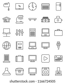 thin line vector icon set - scales vector, mixer, copybook, case, table lamp, calculator, clock, stadium, skateboard, calendar, settings, internet, monitor, notebook pc, play button, network, barn