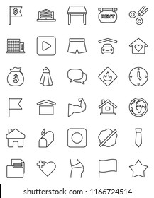 thin line vector icon set - towel vector, splotch, scissors, flag, money bag, clock, dollar, tie, muscule hand, buttocks, shorts, heart cross, earth, document, dry cargo, flammable, dialog, rec