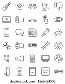 thin line vector icon set - satellite antenna vector, satellite, newspaper, loudspeaker, video camera, internet, mobile phone, touchscreen, dialog, monitor, notebook pc, classic, link, group, rca