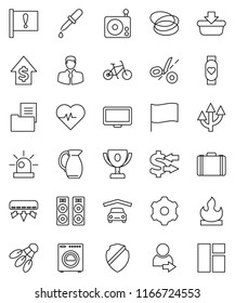 thin line vector icon set - jug vector, award cup, flag, exchange, case, dollar growth, heart pulse, bike, monitor, shuttlecock, hoop, attention, client, flammable, radio, dropper, gear, shield