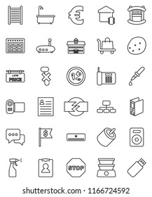 thin line vector icon set - bath vector, sprayer, washboard, potato, university, schedule, personal information, binder, dollar flag, hierarchy, euro sign, no hook, dialog, speaker, rca, dropper
