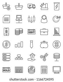 thin line vector icon set - house hold vector, schedule, scissors, document, dollar coin, japanese candle, case, stack, tie, hierarchy, energy drink, sorting, notebook network, server, big data