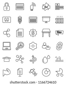 thin line vector icon set - welcome mat vector, document, pie graph, presentation board, dollar medal, calendar, muscule hand, molecule, cereals, route, dry cargo, satellite, notebook pc, gear, new