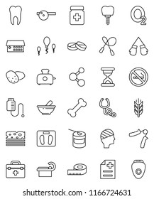 thin line vector icon set - potato vector, measuring, scales, jump rope, hand trainer, boxing glove, sports nutrition, molecule, cereals, breads, no smoking, bone, oxygen, doctor bag, sand clock