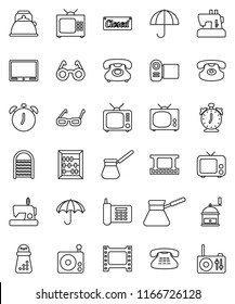 thin line vector icon set - washboard vector, kettle, hand mill, turk coffee, glasses, alarm clock, abacus, phone, umbrella, film frame, radio, tv, classic, closed, video camera, sewing machine
