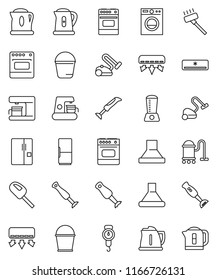 thin line vector icon set - vacuum cleaner vector, bucket, kettle, scales, oven, blender, air conditioner, fridge, washer, coffee maker, hood