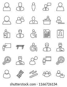 thin line vector icon set - blackboard vector, student, manager, man, personal information, horizontal bar, stairways run, client, speaking, group, disabled, doctor, crutches, user, login, search