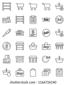 thin line vector icon set - pen vector, dollar coin, cart, credit card, office, shelving, sale, 24 hour, shopping bag, market, store, mall, buy, receipt, basket, list