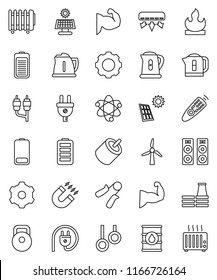 thin line vector icon set - kettle vector, atom, magnet, weight, hand trainer, muscule, gymnast rings, flammable, oil barrel, remote control, battery, rca, gear, solar panel, windmill, factory