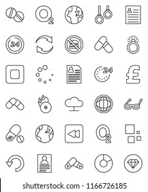 thin line vector icon set - glasses vector, world, personal information, pie graph, pound, pills, no fastf ood, gymnast rings, oxygen, earth, music hit, stop button, backward, cloud network, refresh