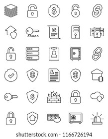 thin line vector icon set - certificate vector, personal information, dollar shield, safe, protected, link, cloud, big data, server, firewall, chain, unlock, lock, smart home, protect, password