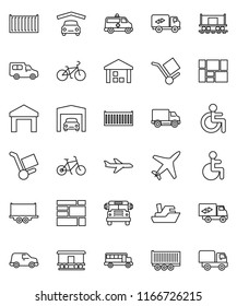 thin line vector icon set - school bus vector, bike, Railway carriage, plane, ship, truck trailer, sea container, delivery, car, consolidated cargo, warehouse, disabled, ambulance, garage, trolley